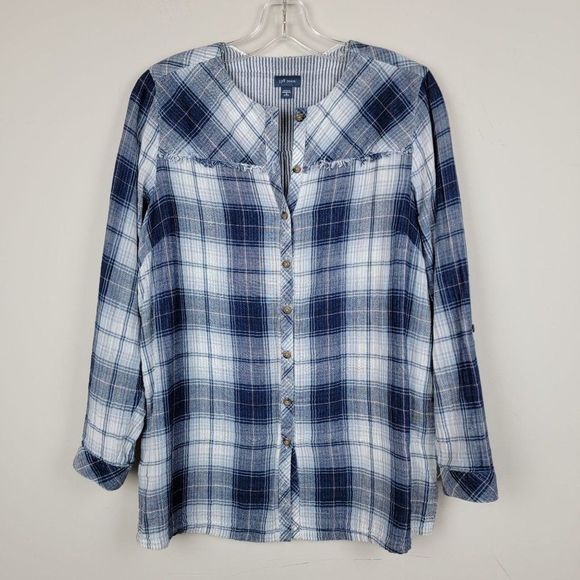 J. Jill Blue White Plaid Crew Neck Button Down Long Sleeves Cotton Shirt Size MP - Picture 1 of 15